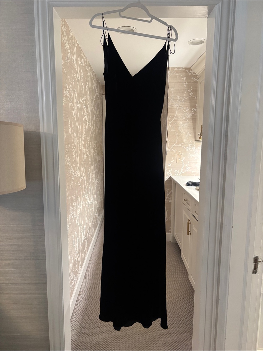 Anna October Black velvet V-back Maxi Slip Dress with Spaghetti Straps